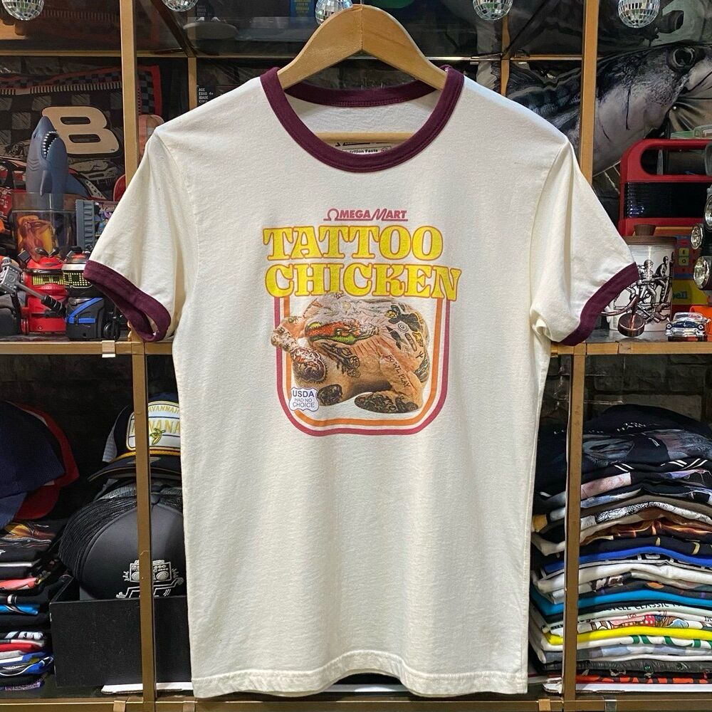 Omega Mart Tattoo Chicken Ringer T-Shirt Mens XS White Maroon Meow Wolf